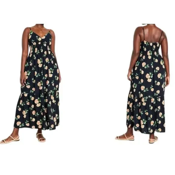 Old Navy Maxi Dress Black Floral V-Neck Coastal Tropical Resort Womens XXL NEW - Picture 2 of 13